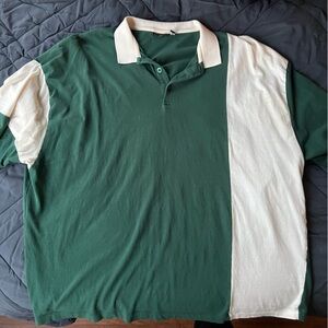Green and White Long Sleeve Polo Shirt